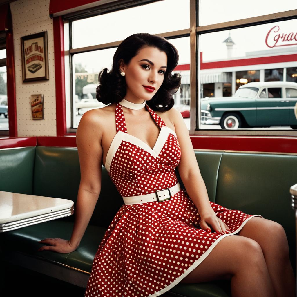 Retro 1950s Woman in Polka Dot Dress Sitting in Vintage Diner Booth
