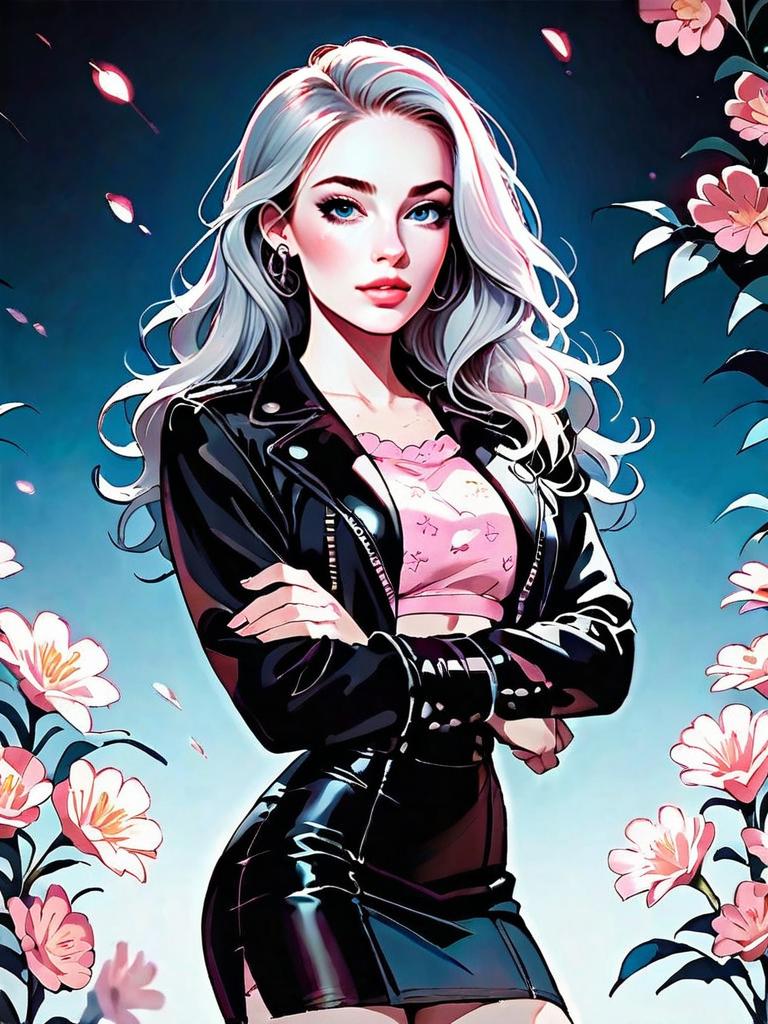 Elegant Young Woman in Black Leather Jacket and Pink Top with Floral Background Digital Art