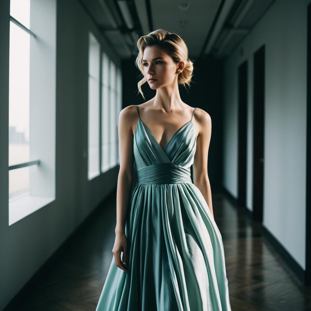 Elegant Woman in Light Blue Gown in Modern Hallway