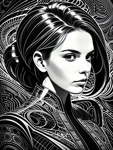 Monochrome Digital Portrait of Woman with Intricate Line Art and Patterns