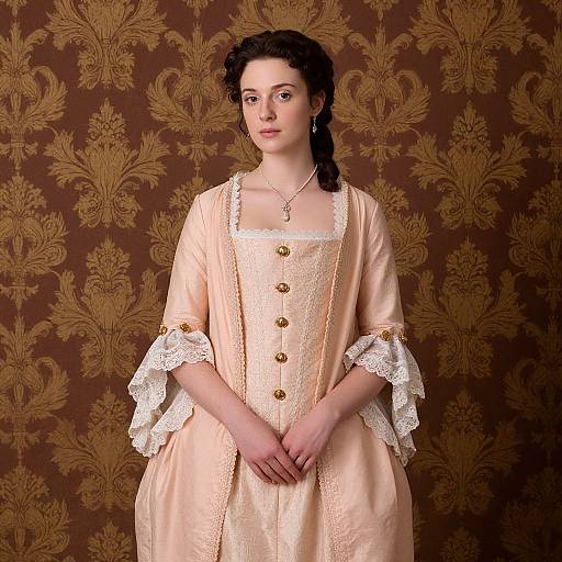 Woman in 18th Century Style Pink Lace Gown with Gold Buttons and Damask Background