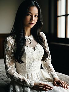 Elegant Woman in Vintage Lace Wedding Dress Indoors Natural Light