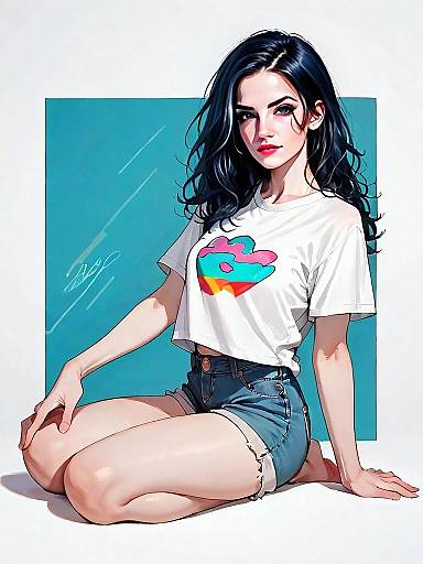Realistic Comic Style Illustration of Young Woman in Casual Outfit Sitting