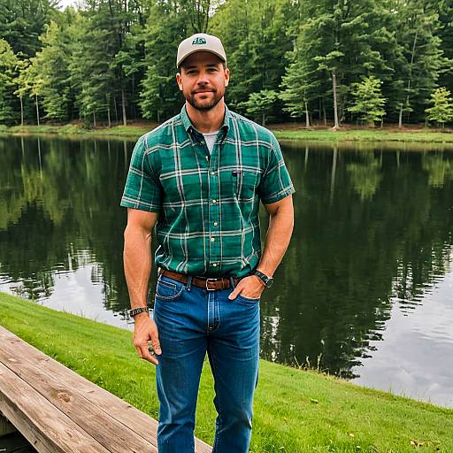 Man in Green Plaid Shirt by Lakeside with Forest Background