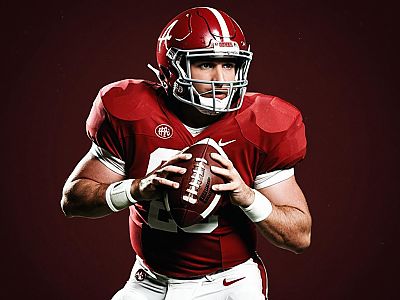 Focused Male Football Player in Red Uniform