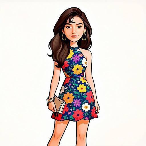 Woman in Bohemian Chic Floral Dress with Long Hair and Accessories