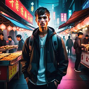 Young Man at Vibrant Night Market with Neon Lights