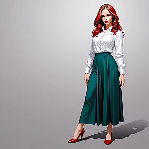 Confident Woman in White Blouse and Teal Skirt