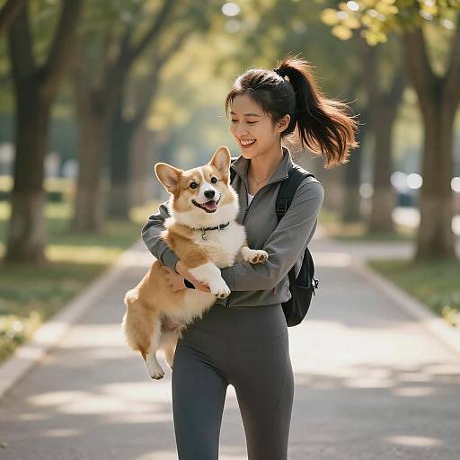 Young Woman Carrying Pembroke Welsh Corgi Dog Outdoors