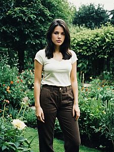 Young Woman in Casual Outfit Standing in Vibrant Garden