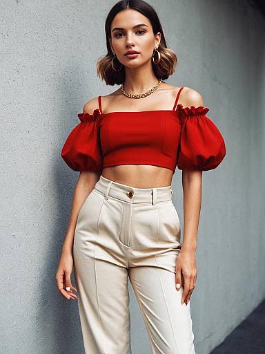 Stylish Woman in Red Off-Shoulder Crop Top and Beige High-Waisted Pants
