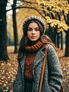 Woman in Vintage Cozy Fall Outfit Photorealistic Outdoor Autumn Portrait