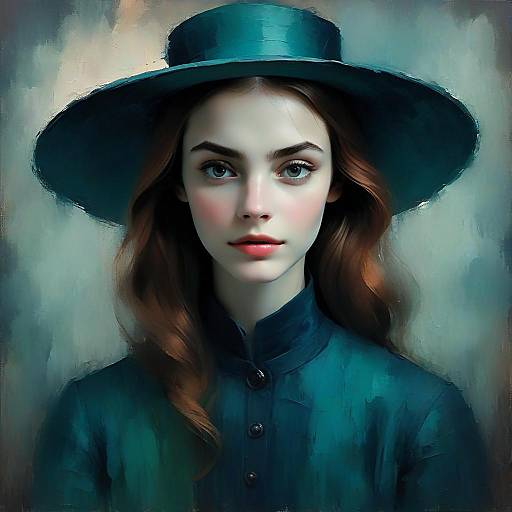 Portrait of a Woman in Wide-Brimmed Hat and Teal Attire Classic Style