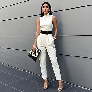 Woman in Chic High Neck Sleeveless Jumpsuit with Fitted Waist and Ankle Pants