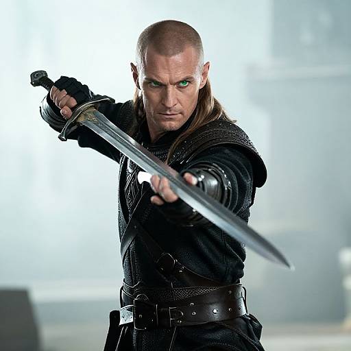 Medieval Fantasy Warrior Man with Glowing Green Eyes Holding Sword