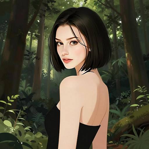 Digital Portrait of a Woman in Forest Setting with Short Black Hair