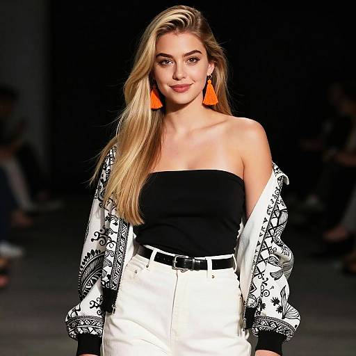Fashion Model in Black Strapless Top and White Pants with Patterned Jacket on Runway