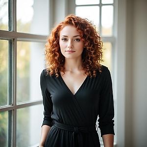 Confident Woman in Black Dress by Window