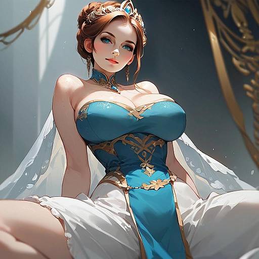 Fantasy Anime Portrait of Regal Woman in Blue and Gold Gown