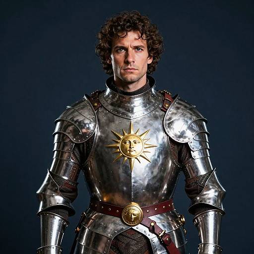Young Man in Medieval Knight Armor with Golden Sun Emblems