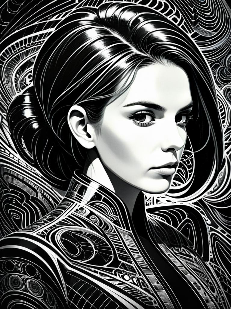 Monochrome Digital Portrait of Woman with Intricate Line Art and Patterns