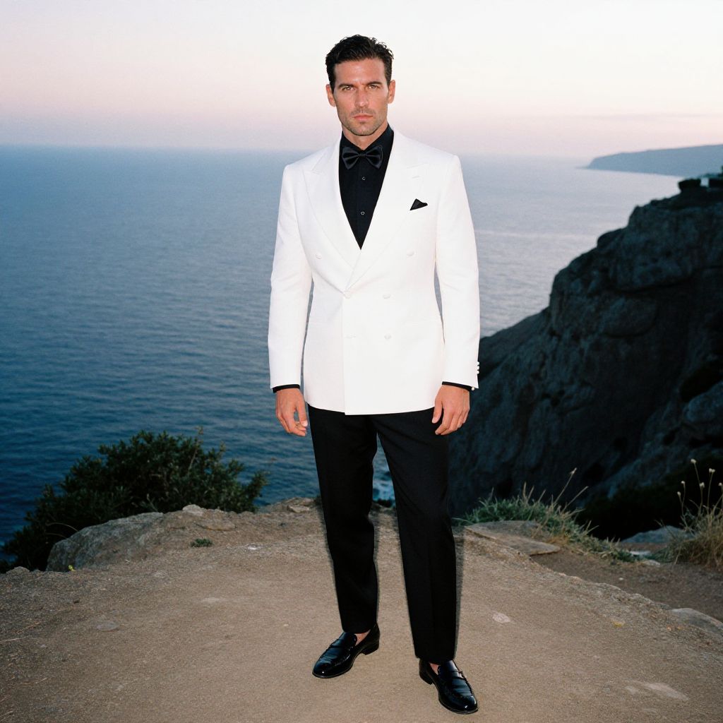 Man in Elegant Black and White Tuxedo Standing on Cliff Overlooking Ocean