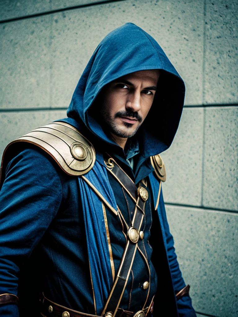 Man in Realistic Charmcaster Cosplay Costume with Blue Hood and Gold Details