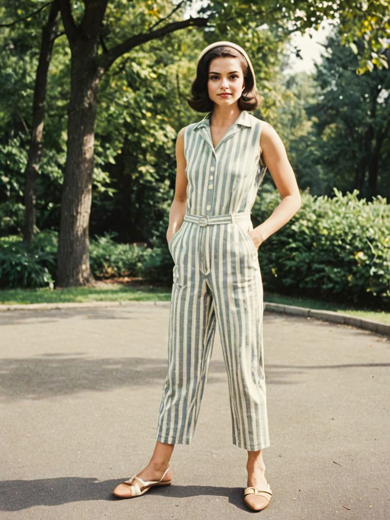 Chic Vintage Striped Jumpsuit in Lush Outdoor Setting