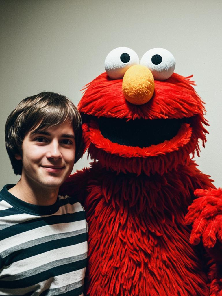 Young Man Posing with Classic Red Elmo Costume Character