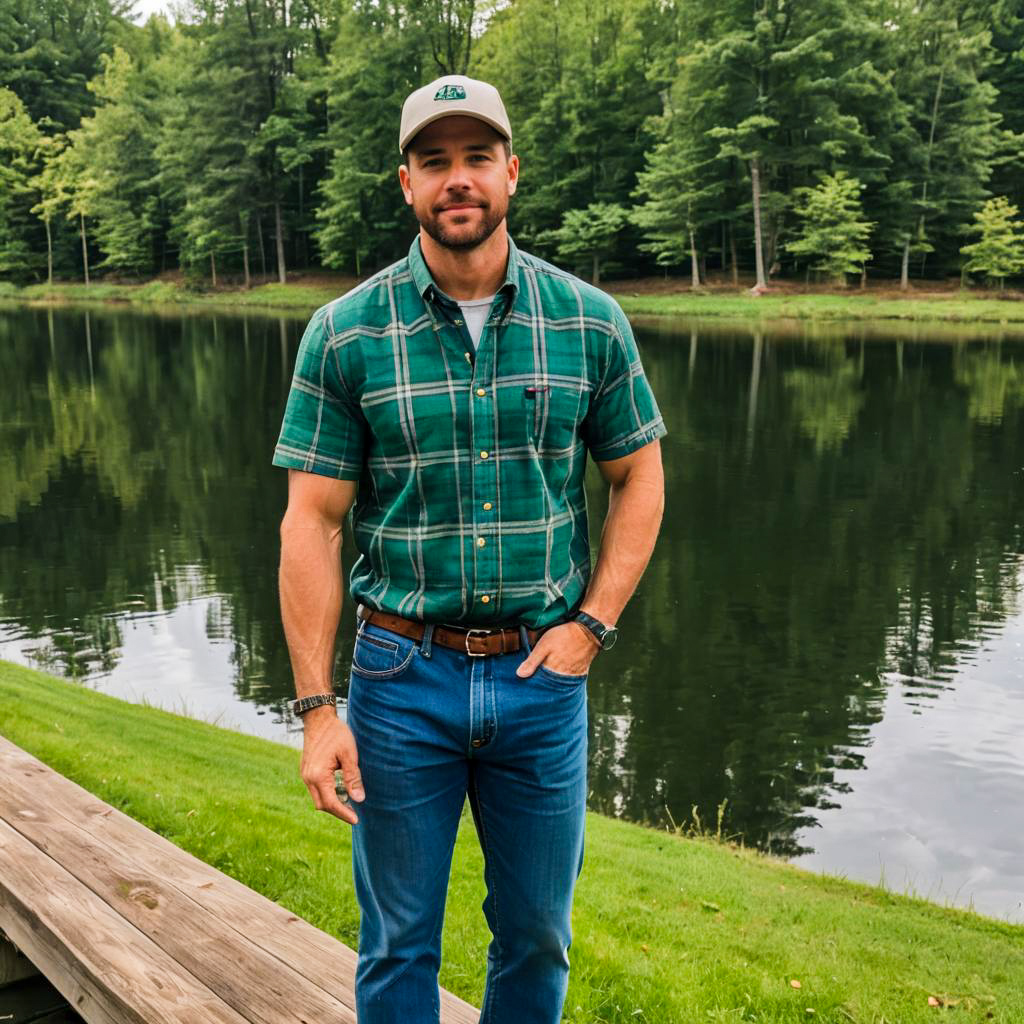 Man in Green Plaid Shirt by Lakeside with Forest Background