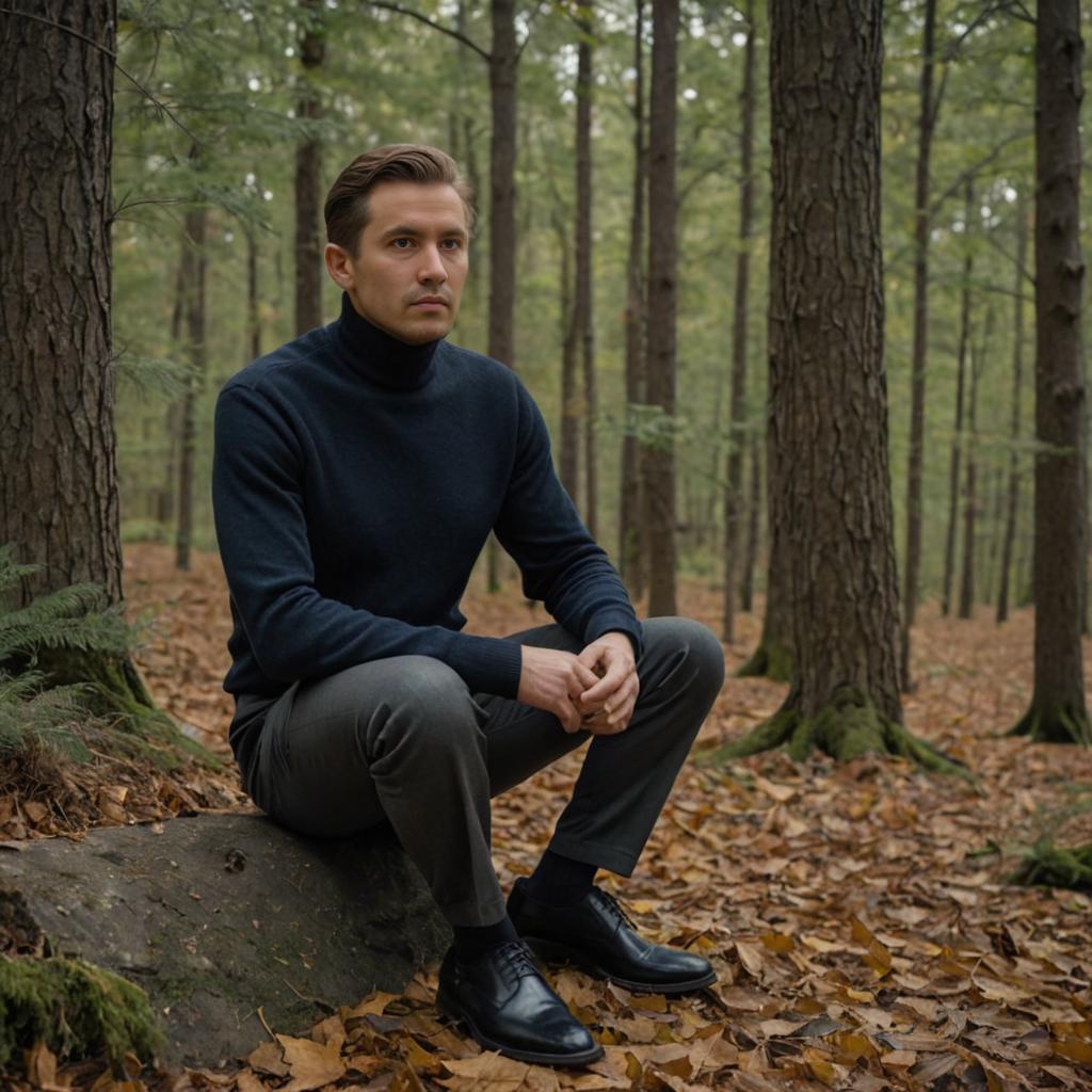 Contemplative Man in Autumn Forest