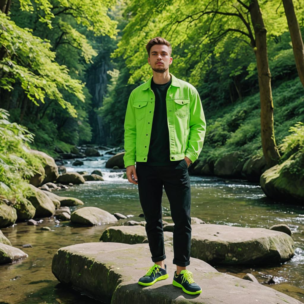 Stylish man in green jacket by forest stream