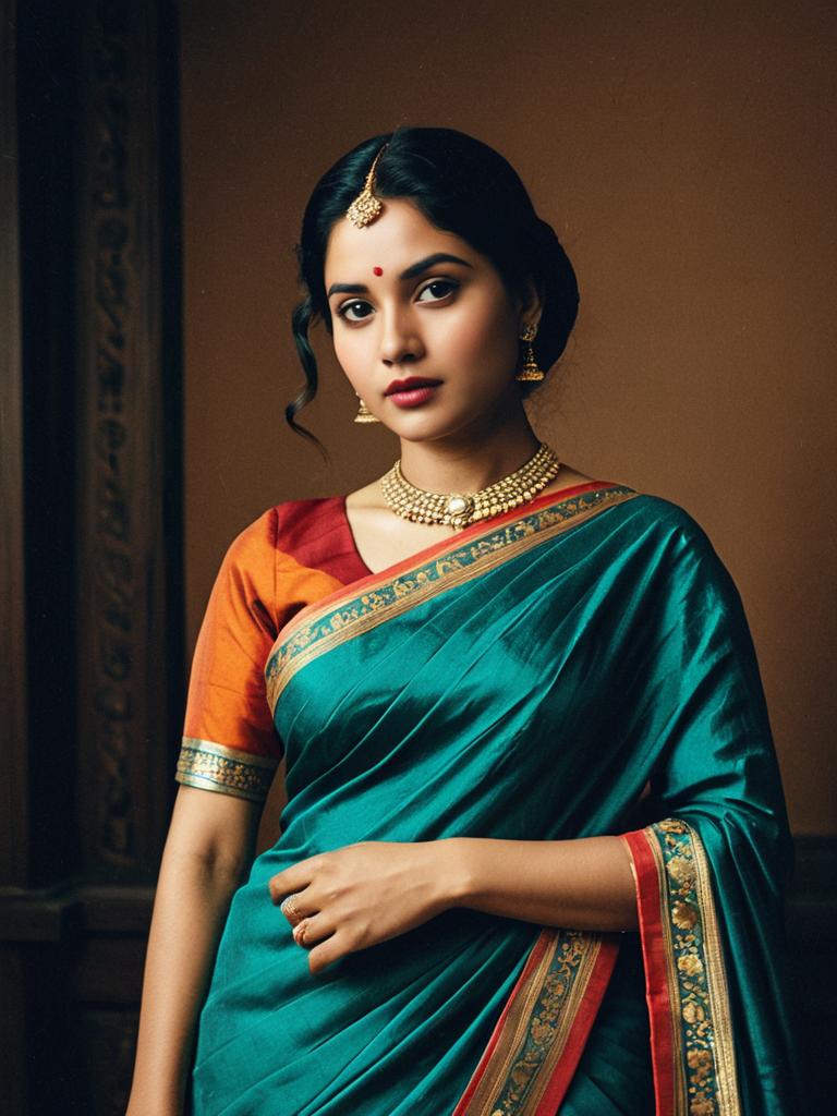 Woman in Teal and Orange Saree with Gold Jewelry
