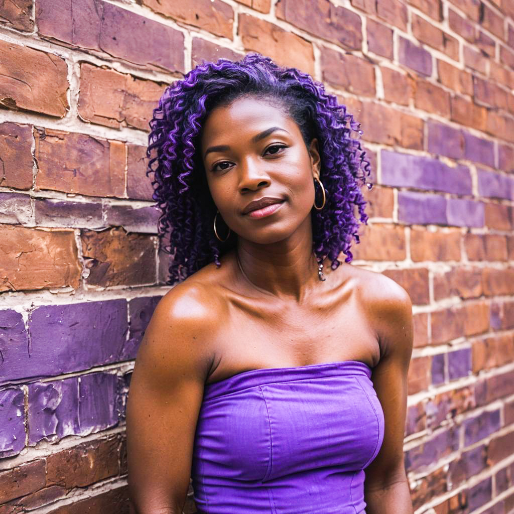 Confident Woman with Purple Curly Hair Against Brick Wall