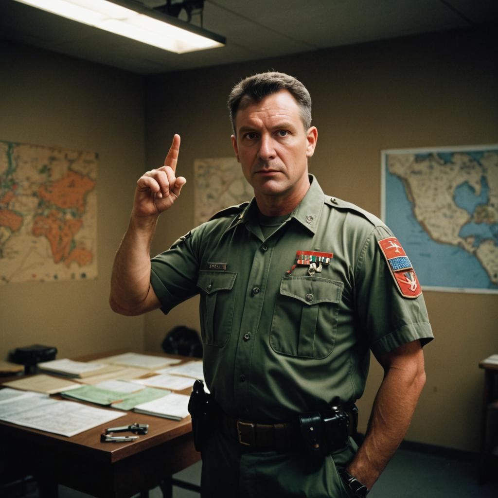 Stern Man in Military Uniform with Important Gesture