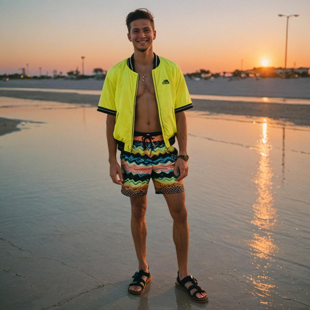 Young Man on Beach at Sunset in Vibrant Outfit