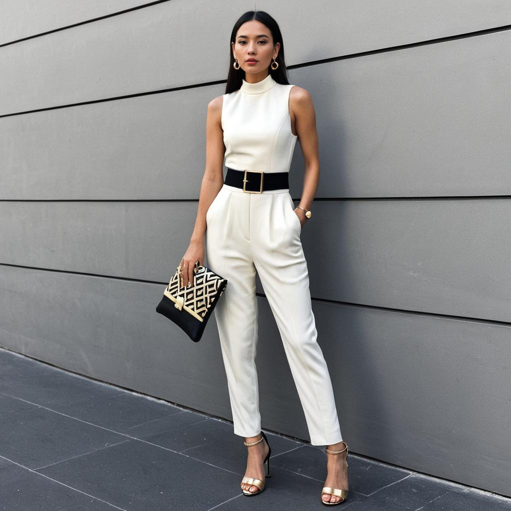 Woman in Chic High Neck Sleeveless Jumpsuit with Fitted Waist and Ankle Pants