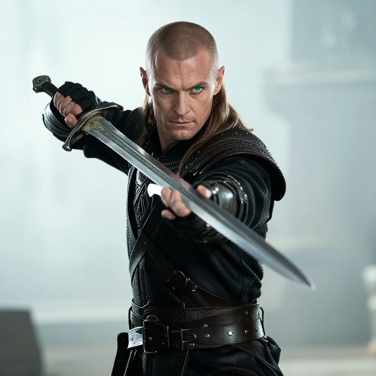 Medieval Fantasy Warrior Man with Glowing Green Eyes Holding Sword