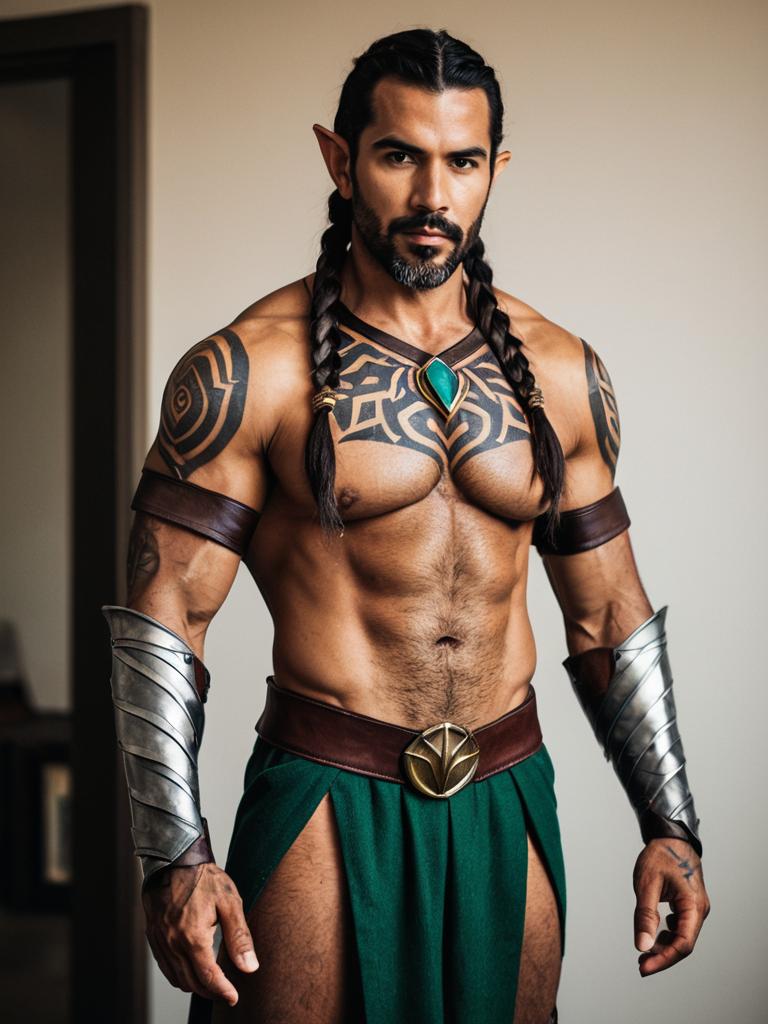 Fantasy Elf Warrior Man with Tribal Tattoos and Armor Costume