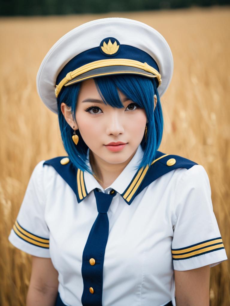Woman in Blue Hair Naval Uniform Standing in Wheat Field
