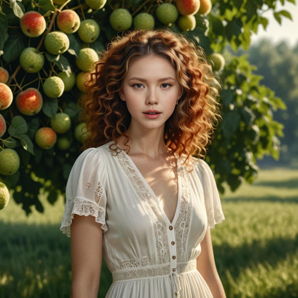 Young Woman in Orchard with Apples