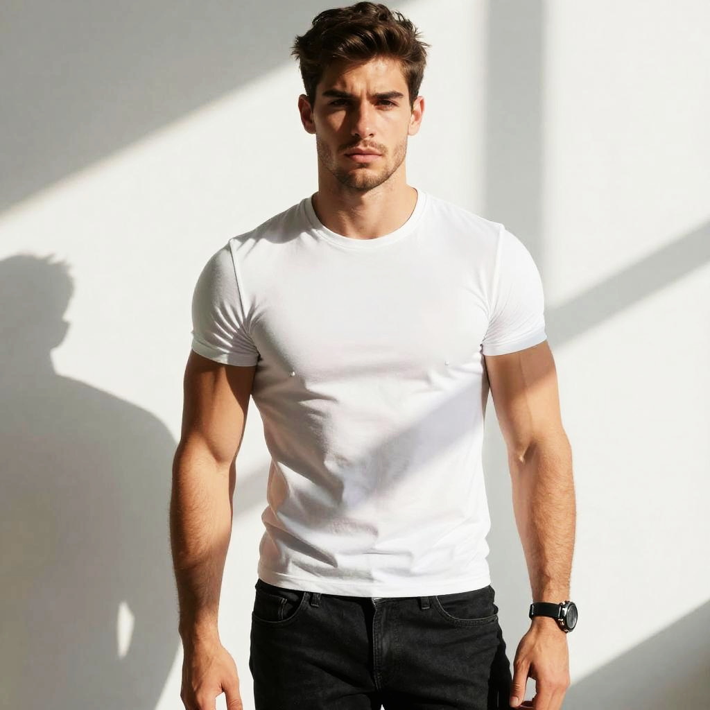 Young Man Wearing White T-Shirt in Minimalist Indoor Setting