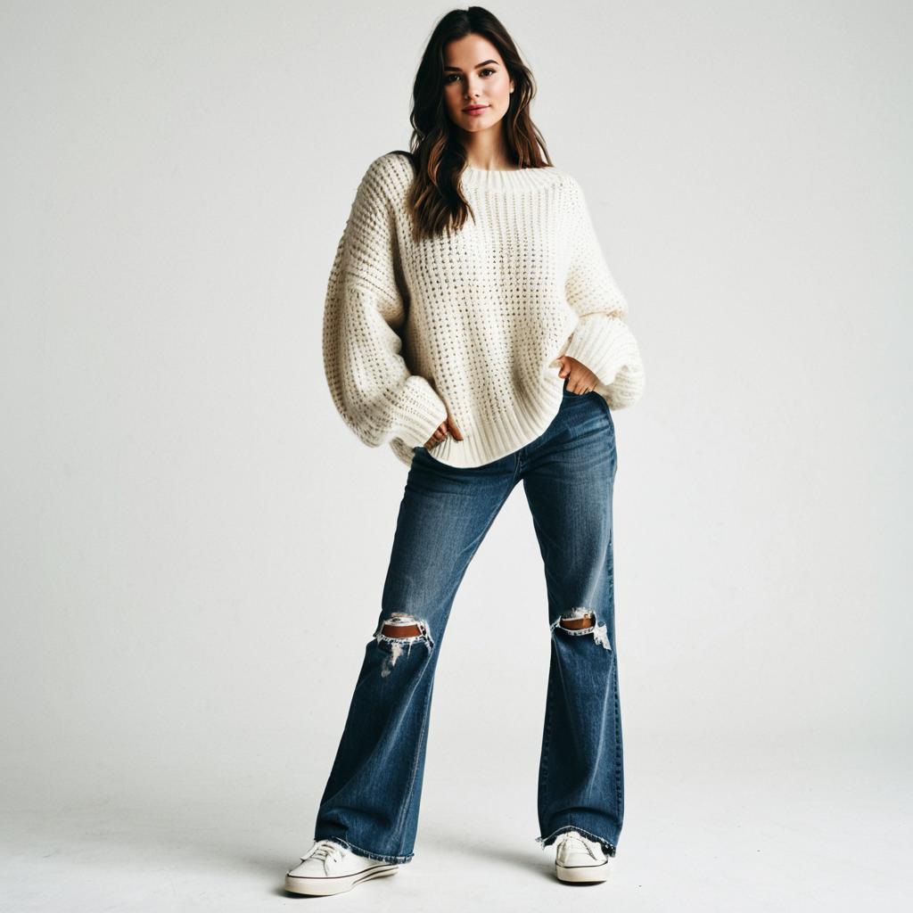 Young Woman in Oversized Sweater and Ripped Flared Jeans Casual Outfit