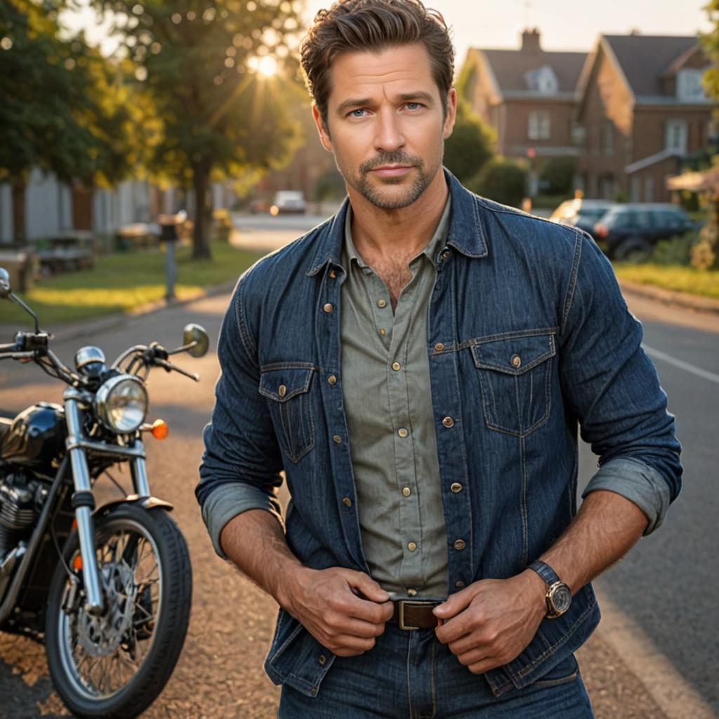 Confident Man in Denim Jacket on Suburban Street