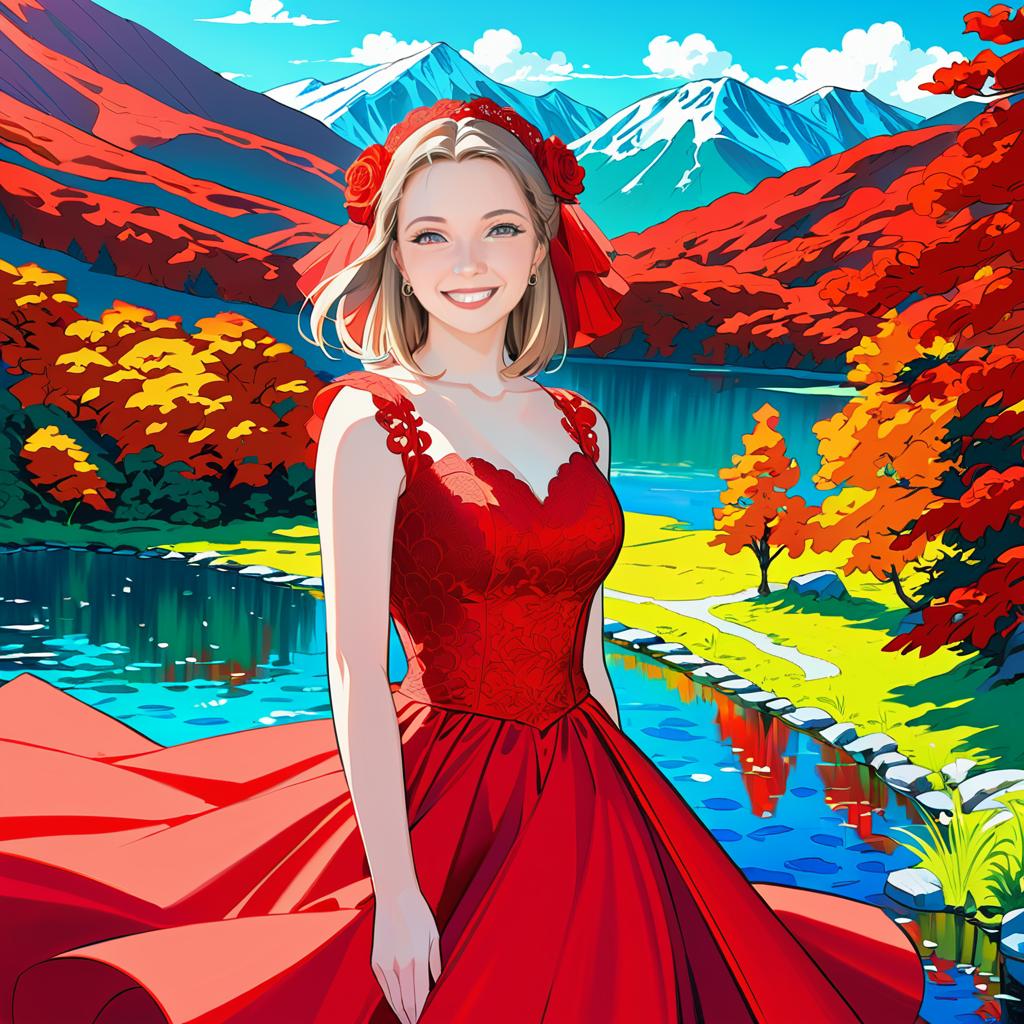 Anime Woman in Red Dress by Scenic Lake