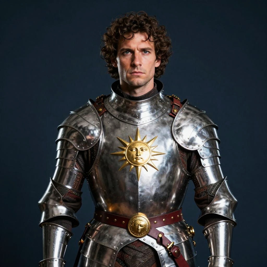 Young Man in Medieval Knight Armor with Golden Sun Emblems