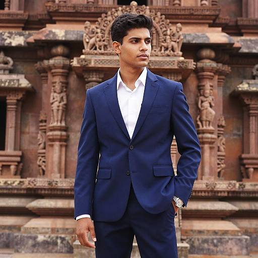 Gen Z Man in Navy Blue Suit with Ancient Stone Architecture