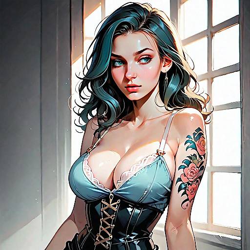 Digital Art Portrait of Woman with Floral Tattoo and Corset