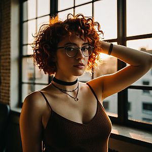 Young Woman with Curly Red Hair in Golden Hour
