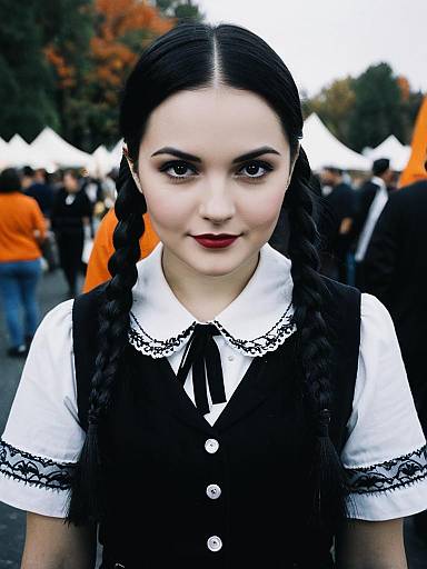 Woman in Wednesday Addams Costume Candid Cosplay Portrait at Halloween
